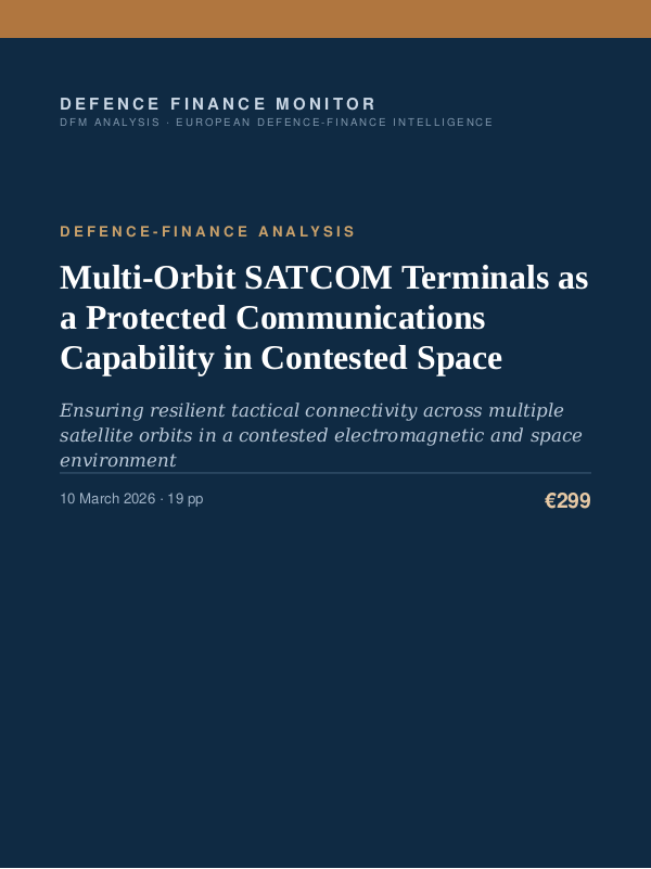 Cover of the DFM report “Multi-Orbit SATCOM Terminals as a Protected Communications Capability in Contested Space” — Defence-Finance Analysis, 19-page PDF