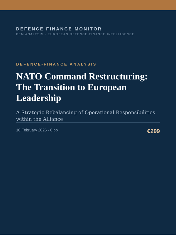 Cover of the DFM report “NATO Command Restructuring: The Transition to European Leadership” — Defence-Finance Analysis, 6-page PDF