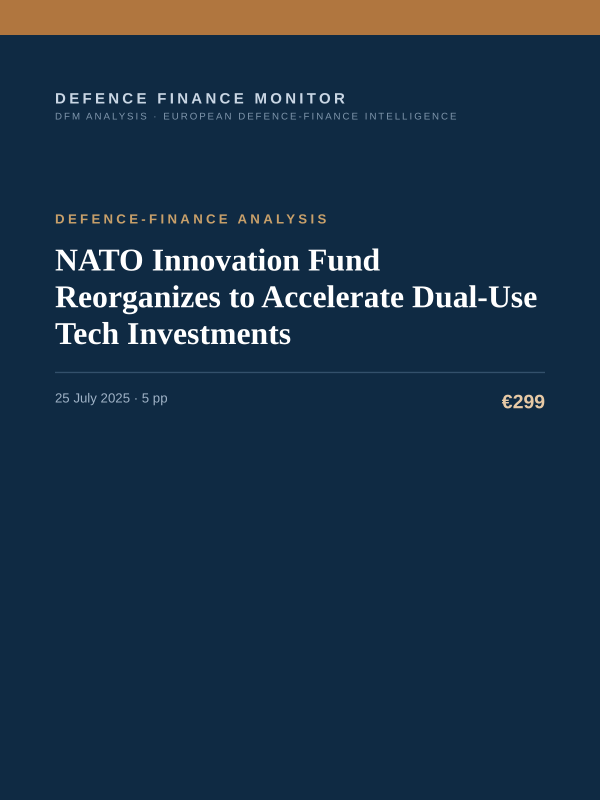 Cover of the DFM report “NATO Innovation Fund Reorganizes to Accelerate Dual-Use Tech Investments” — Defence-Finance Analysis, 5-page PDF