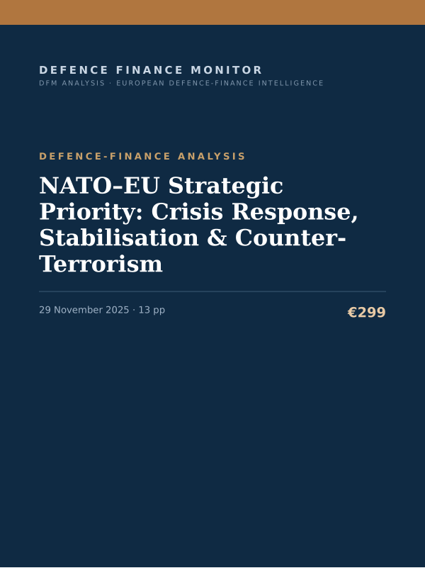 Cover of the DFM report “NATO–EU Strategic Priority: Crisis Response, Stabilisation & Counter-Terrorism” — Defence-Finance Analysis, 13-page PDF
