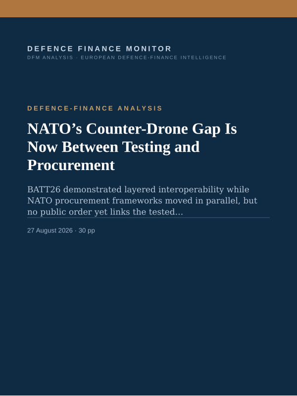 Cover of the DFM report “NATO’s Counter-Drone Gap Is Now Between Testing and Procurement” — Defence-Finance Analysis, 30-page PDF