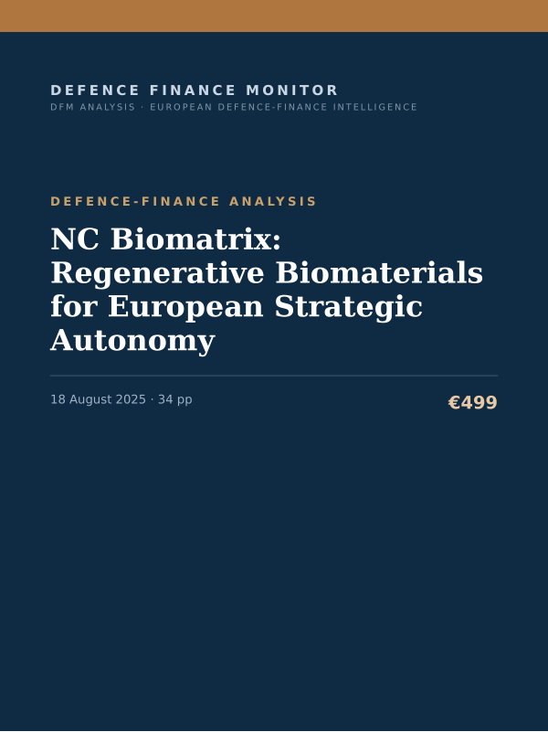 Cover of the DFM report “NC Biomatrix: Regenerative Biomaterials for European Strategic Autonomy” — Defence-Finance Analysis, 34-page PDF