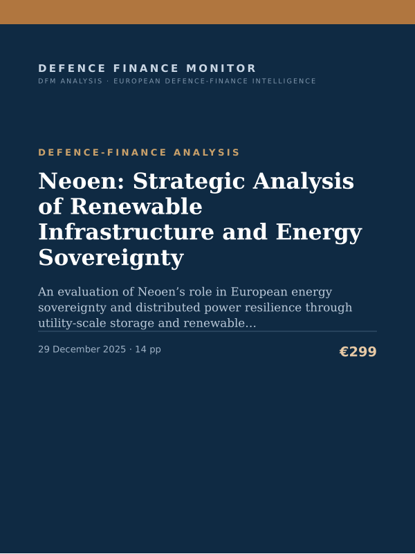 Cover of the DFM report “Neoen: Strategic Analysis of Renewable Infrastructure and Energy Sovereignty” — Defence-Finance Analysis, 14-page PDF