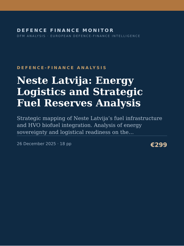 Cover of the DFM report “Neste Latvija: Energy Logistics and Strategic Fuel Reserves Analysis” — Defence-Finance Analysis, 18-page PDF