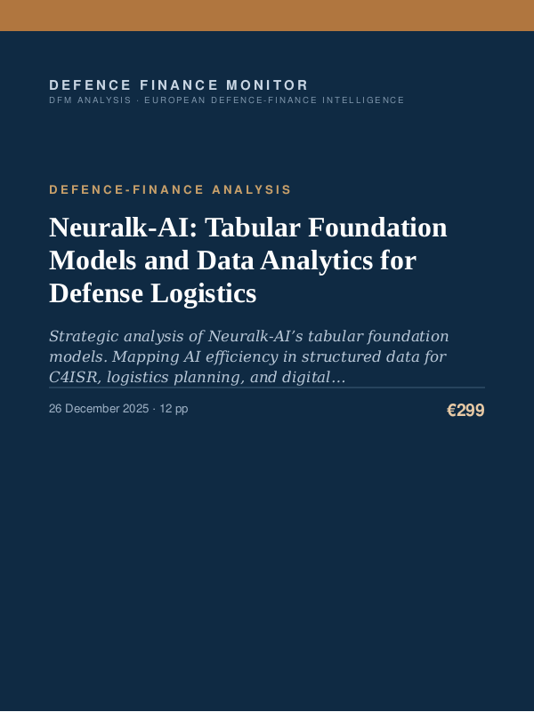 Cover of the DFM report “Neuralk-AI: Tabular Foundation Models and Data Analytics for Defense Logistics” — Defence-Finance Analysis, 12-page PDF