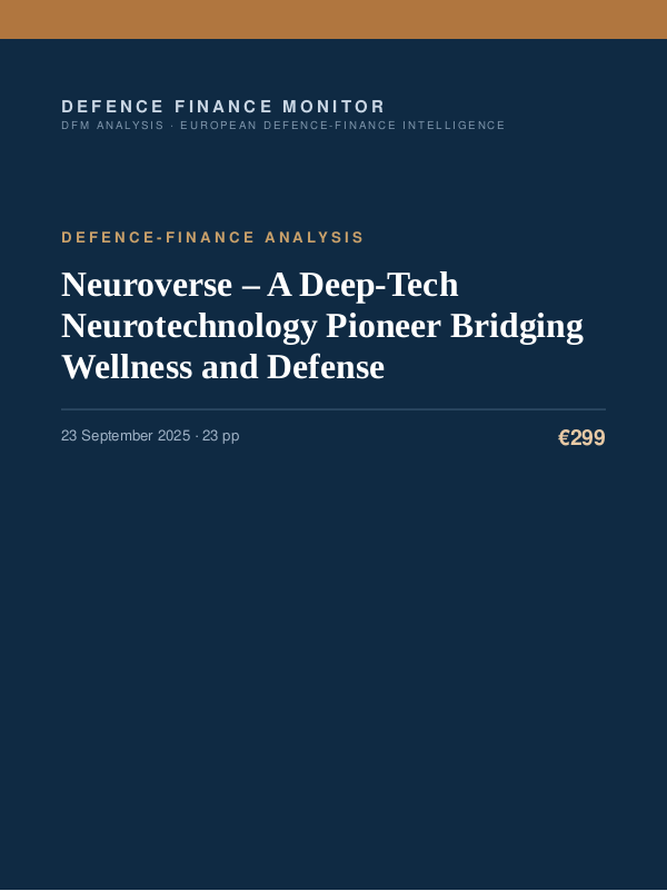 Cover of the DFM report “Neuroverse – A Deep-Tech Neurotechnology Pioneer Bridging Wellness and Defense” — Defence-Finance Analysis, 23-page PDF