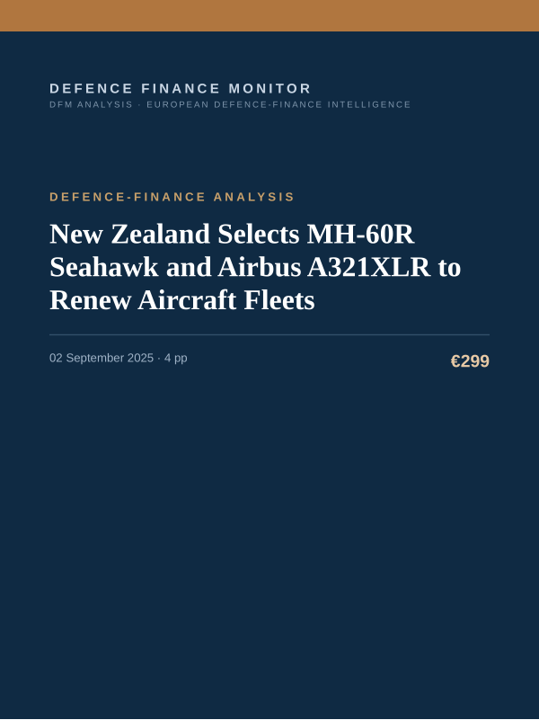 Cover of the DFM report “New Zealand Selects MH-60R Seahawk and Airbus A321XLR to Renew Aircraft Fleets” — Defence-Finance Analysis, 4-page PDF
