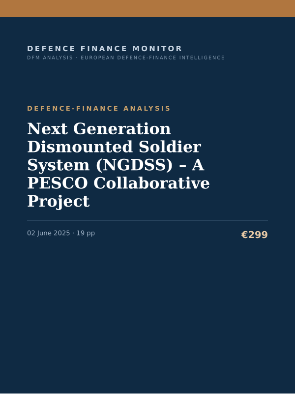 Cover of the DFM report “Next Generation Dismounted Soldier System (NGDSS) – A PESCO Collaborative Project” — Defence-Finance Analysis, 19-page PDF
