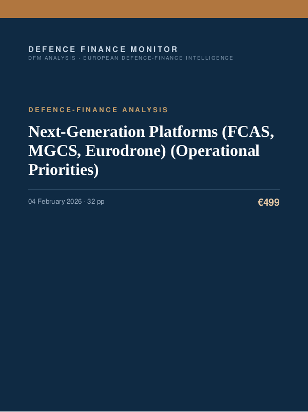 Cover of the DFM report “Next-Generation Platforms (FCAS, MGCS, Eurodrone) (Operational Priorities)” — Defence-Finance Analysis, 32-page PDF