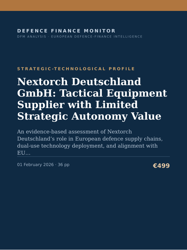 Cover of the DFM report “Nextorch Deutschland GmbH: Tactical Equipment Supplier with Limited Strategic Autonomy Value” — Strategic-Technological Profile, 36-page PDF