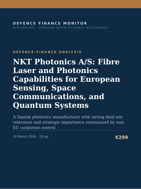 Cover of the DFM report “NKT Photonics A/S: Fibre Laser and Photonics Capabilities for European Sensing, Space Communications, and Quantum Systems” — Defence-Finance Analysis, 19-page PDF