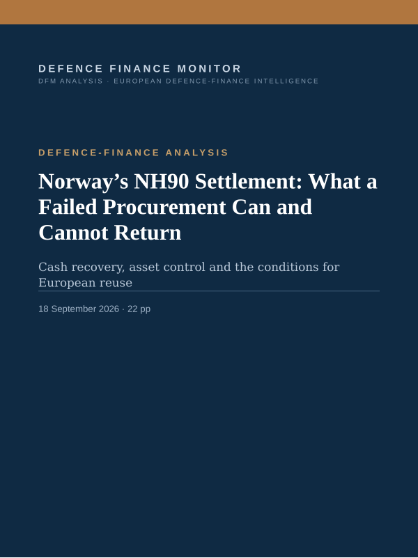 Cover of the DFM report “Norway’s NH90 Settlement: What a Failed Procurement Can and Cannot Return” — Defence-Finance Analysis, 22-page PDF