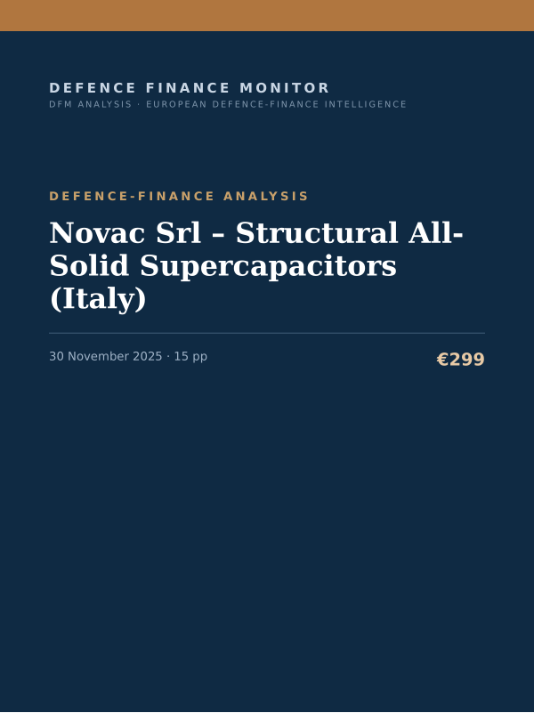 Cover of the DFM report “Novac Srl – Structural All-Solid Supercapacitors (Italy)” — Defence-Finance Analysis, 15-page PDF