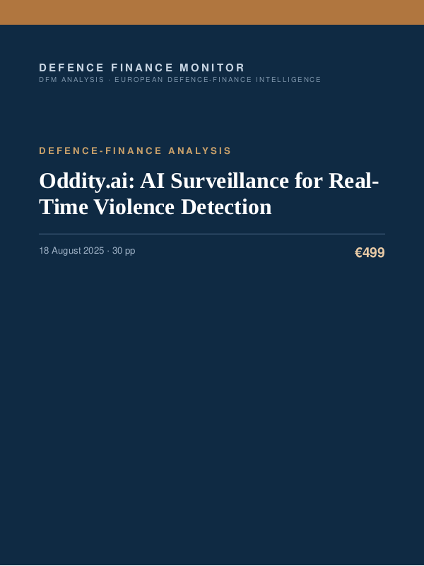 Cover of the DFM report “Oddity.ai: AI Surveillance for Real-Time Violence Detection” — Defence-Finance Analysis, 30-page PDF