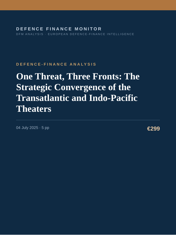 Cover of the DFM report “One Threat, Three Fronts: The Strategic Convergence of the Transatlantic and Indo-Pacific Theaters” — Defence-Finance Analysis, 5-page PDF