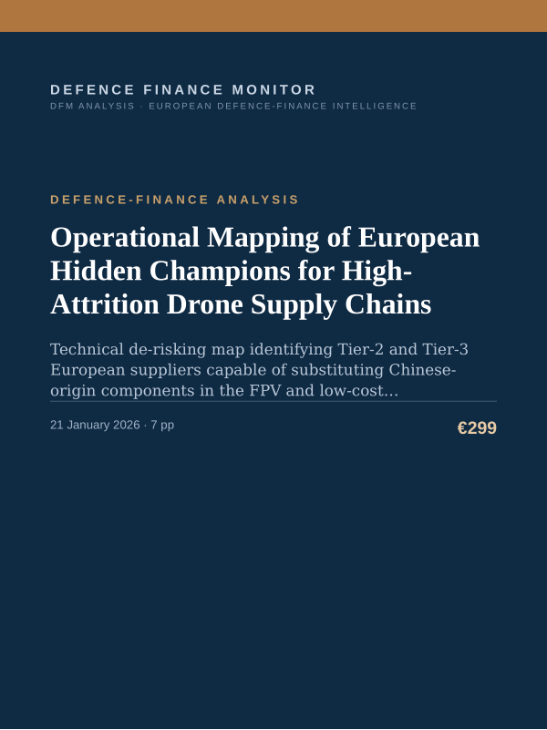 Cover of the DFM report “Operational Mapping of European Hidden Champions for High-Attrition Drone Supply Chains” — Defence-Finance Analysis, 7-page PDF