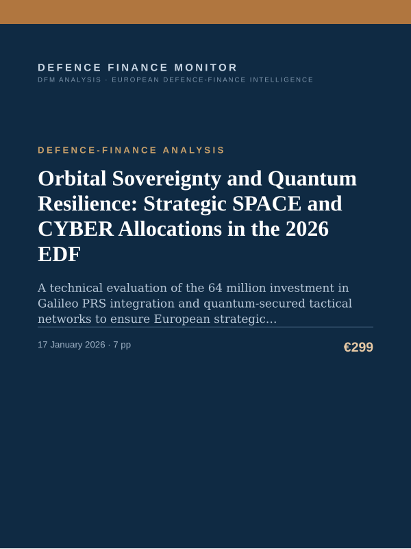 Cover of the DFM report “Orbital Sovereignty and Quantum Resilience: Strategic SPACE and CYBER Allocations in the 2026 EDF” — Defence-Finance Analysis, 7-page PDF