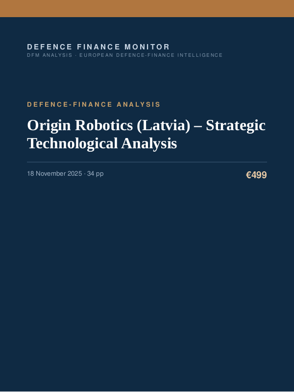 Cover of the DFM report “Origin Robotics (Latvia) – Strategic Technological Analysis” — Defence-Finance Analysis, 34-page PDF