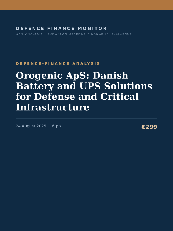 Cover of the DFM report “Orogenic ApS: Danish Battery and UPS Solutions for Defense and Critical Infrastructure” — Defence-Finance Analysis, 16-page PDF
