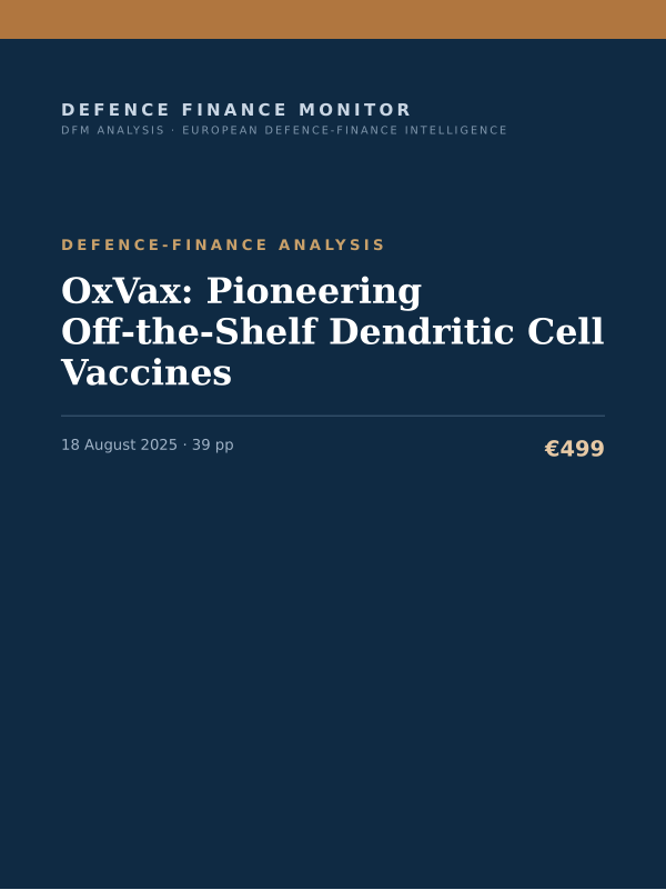 Cover of the DFM report “OxVax: Pioneering Off‑the‑Shelf Dendritic Cell Vaccines” — Defence-Finance Analysis, 39-page PDF