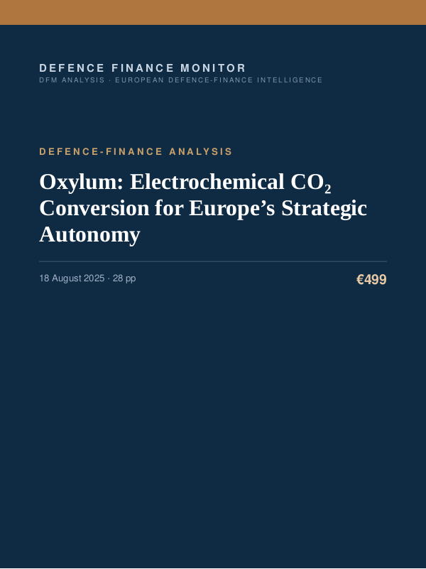 Cover of the DFM report “Oxylum: Electrochemical CO₂ Conversion for Europe’s Strategic Autonomy” — Defence-Finance Analysis, 28-page PDF