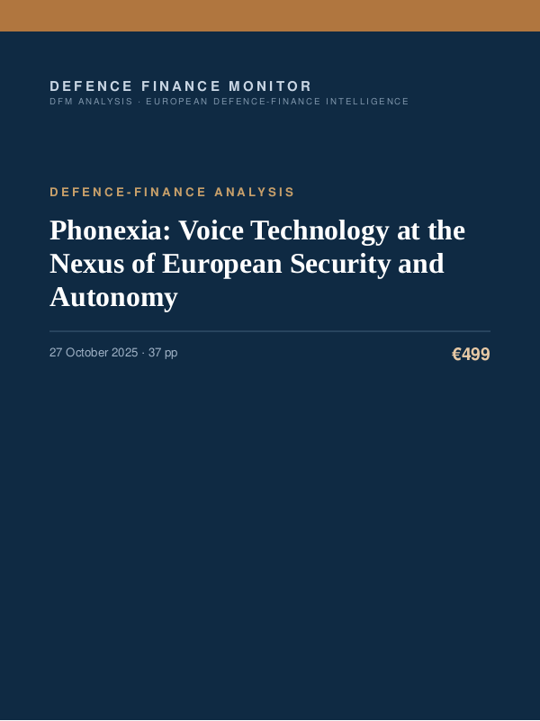 Cover of the DFM report “Phonexia: Voice Technology at the Nexus of European Security and Autonomy” — Defence-Finance Analysis, 37-page PDF