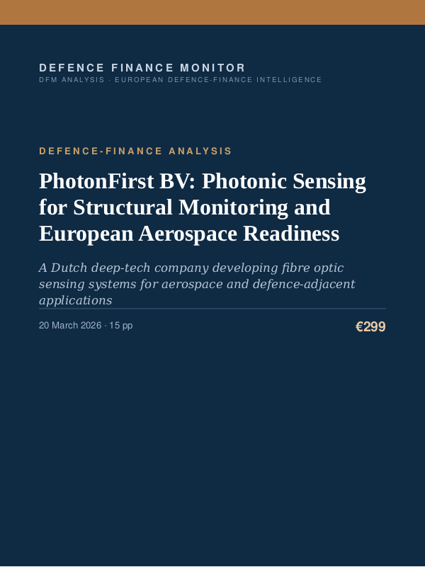 Cover of the DFM report “PhotonFirst BV: Photonic Sensing for Structural Monitoring and European Aerospace Readiness” — Defence-Finance Analysis, 15-page PDF