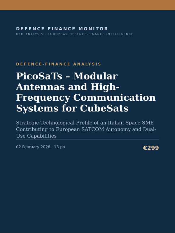 Cover of the DFM report “PicoSaTs – Modular Antennas and High-Frequency Communication Systems for CubeSats” — Defence-Finance Analysis, 13-page PDF