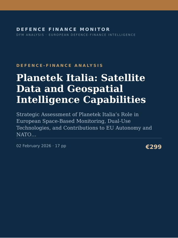 Cover of the DFM report “Planetek Italia: Satellite Data and Geospatial Intelligence Capabilities” — Defence-Finance Analysis, 17-page PDF