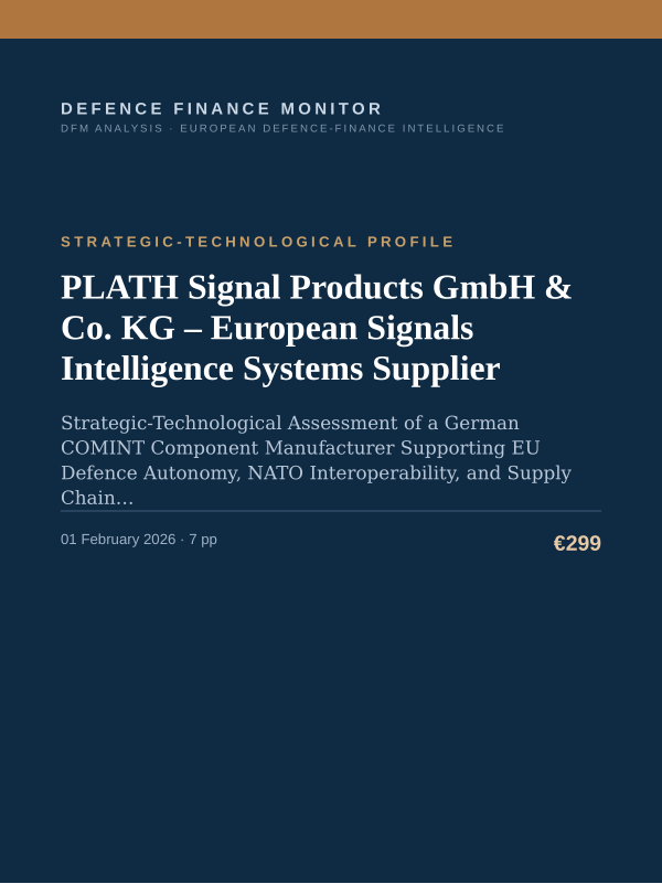 Cover of the DFM report “PLATH Signal Products GmbH & Co. KG – European Signals Intelligence Systems Supplier” — Strategic-Technological Profile, 7-page PDF