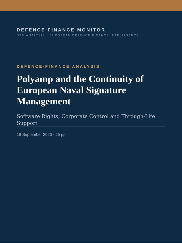 Cover of the DFM report “Polyamp and the Continuity of European Naval Signature Management” — Defence-Finance Analysis, 25-page PDF