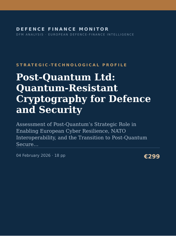 Cover of the DFM report “Post-Quantum Ltd: Quantum-Resistant Cryptography for Defence and Security” — Strategic-Technological Profile, 18-page PDF