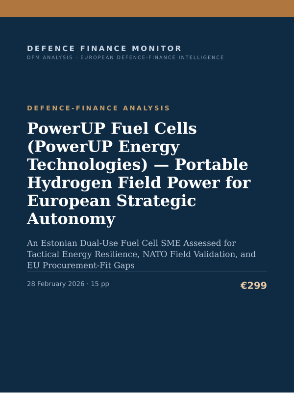 Cover of the DFM report “PowerUP Fuel Cells (PowerUP Energy Technologies) — Portable Hydrogen Field Power for European Strategic Autonomy” — Defence-Finance Analysis, 15-page PDF