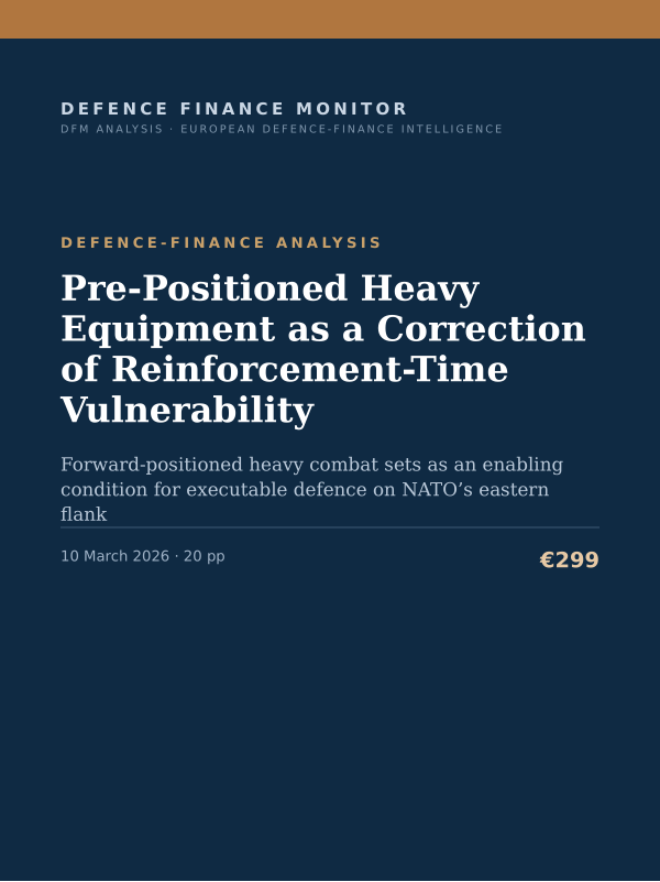 Cover of the DFM report “Pre-Positioned Heavy Equipment as a Correction of Reinforcement-Time Vulnerability” — Defence-Finance Analysis, 20-page PDF