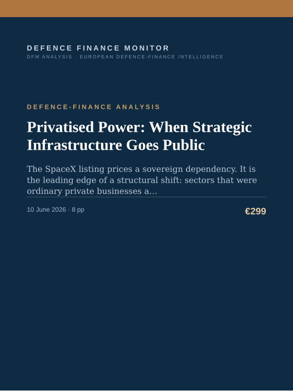 Cover of the DFM report “Privatised Power: When Strategic Infrastructure Goes Public” — Defence-Finance Analysis, 8-page PDF