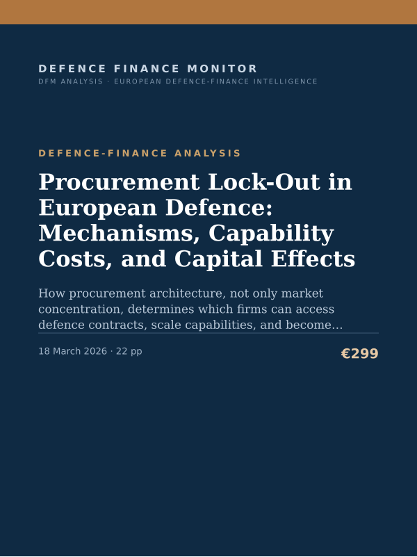 Cover of the DFM report “Procurement Lock-Out in European Defence: Mechanisms, Capability Costs, and Capital Effects” — Defence-Finance Analysis, 22-page PDF