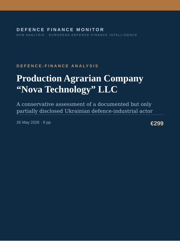 Cover of the DFM report “Production Agrarian Company “Nova Technology” LLC” — Defence-Finance Analysis, 9-page PDF