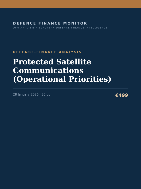 Cover of the DFM report “Protected Satellite Communications (Operational Priorities)” — Defence-Finance Analysis, 30-page PDF