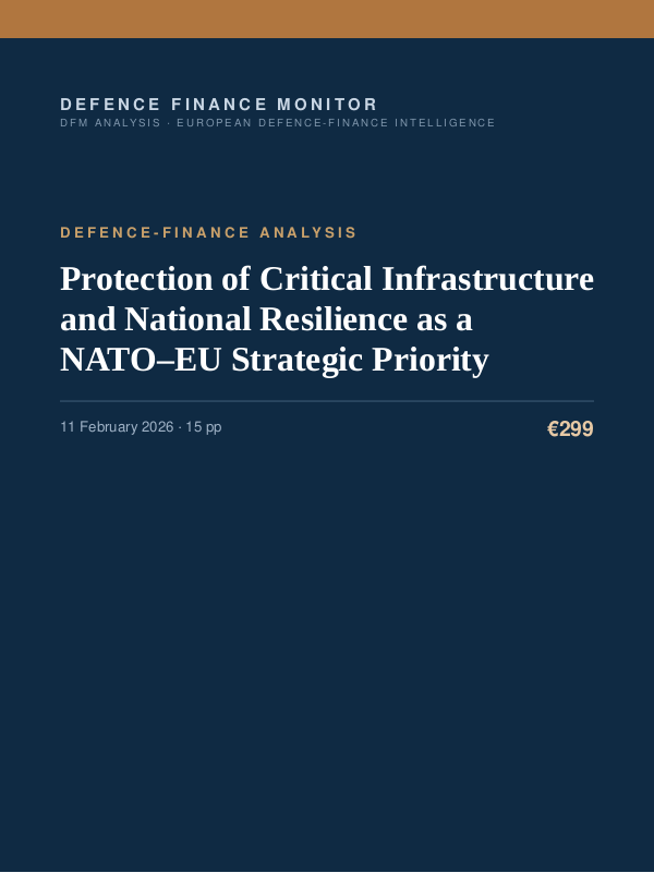 Cover of the DFM report “Protection of Critical Infrastructure and National Resilience as a NATO–EU Strategic Priority” — Defence-Finance Analysis, 15-page PDF