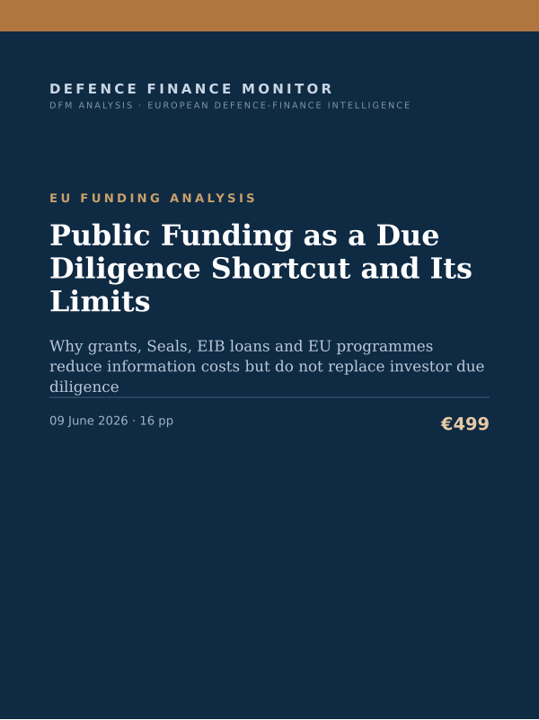 Cover of the DFM report “Public Funding as a Due Diligence Shortcut and Its Limits” — Eu Funding Analysis, 16-page PDF