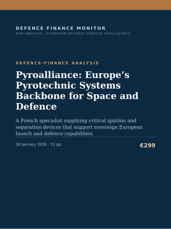 Cover of the DFM report “Pyroalliance: Europe’s Pyrotechnic Systems Backbone for Space and Defence” — Defence-Finance Analysis, 11-page PDF
