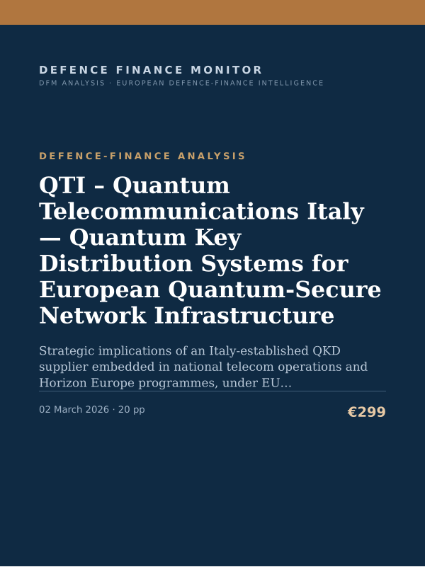 Cover of the DFM report “QTI – Quantum Telecommunications Italy — Quantum Key Distribution Systems for European Quantum-Secure Network Infrastructure” — Defence-Finance Analysis, 20-page PDF