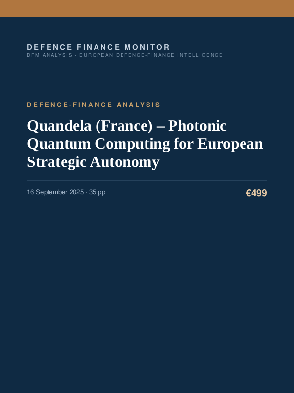 Cover of the DFM report “Quandela (France) – Photonic Quantum Computing for European Strategic Autonomy” — Defence-Finance Analysis, 35-page PDF