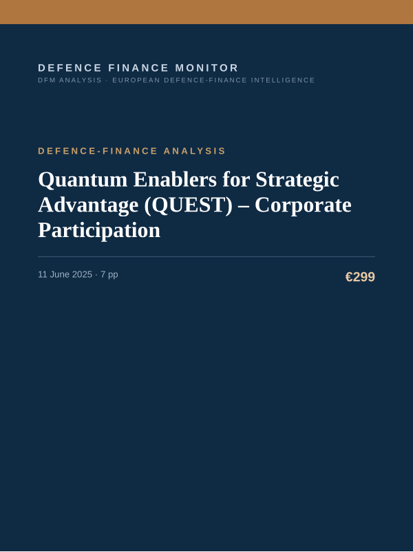Cover of the DFM report “Quantum Enablers for Strategic Advantage (QUEST) – Corporate Participation” — Defence-Finance Analysis, 7-page PDF