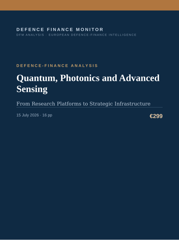 Cover of the DFM report “Quantum, Photonics and Advanced Sensing” — Defence-Finance Analysis, 16-page PDF