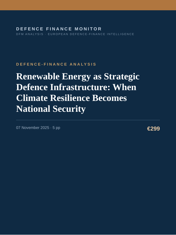 Cover of the DFM report “Renewable Energy as Strategic Defence Infrastructure: When Climate Resilience Becomes National Security” — Defence-Finance Analysis, 5-page PDF