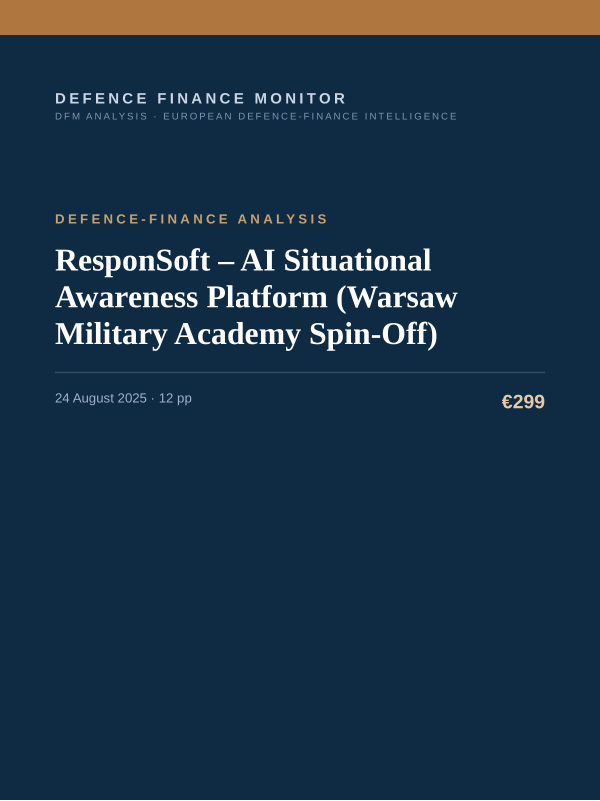 Cover of the DFM report “ResponSoft – AI Situational Awareness Platform (Warsaw Military Academy Spin-Off)” — Defence-Finance Analysis, 12-page PDF