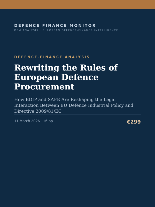Cover of the DFM report “Rewriting the Rules of European Defence Procurement” — Defence-Finance Analysis, 16-page PDF