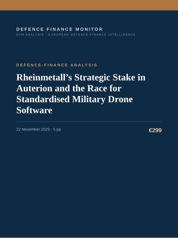Cover of the DFM report “Rheinmetall’s Strategic Stake in Auterion and the Race for Standardised Military Drone Software” — Defence-Finance Analysis, 5-page PDF