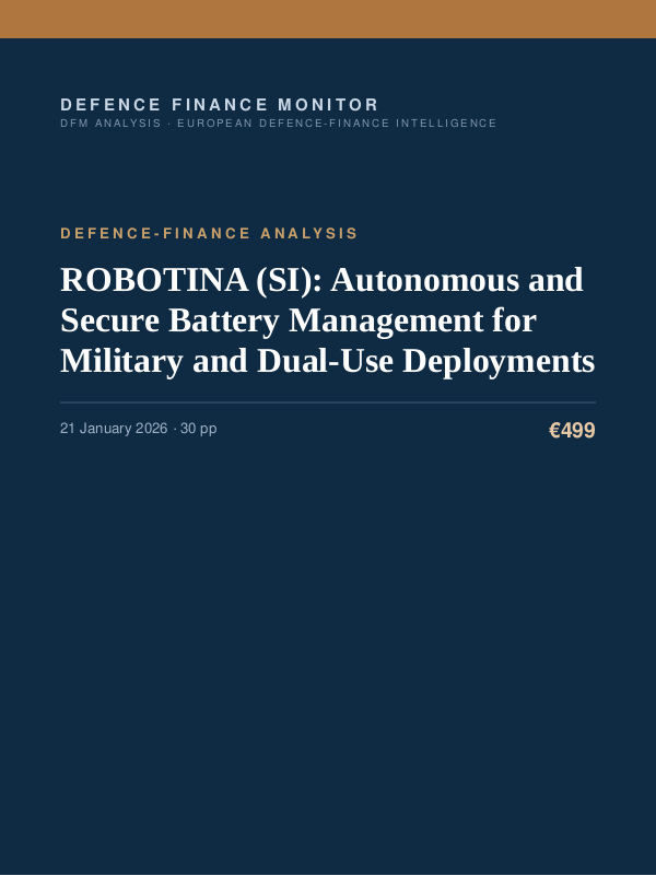 Cover of the DFM report “ROBOTINA (SI): Autonomous and Secure Battery Management for Military and Dual-Use Deployments” — Defence-Finance Analysis, 30-page PDF